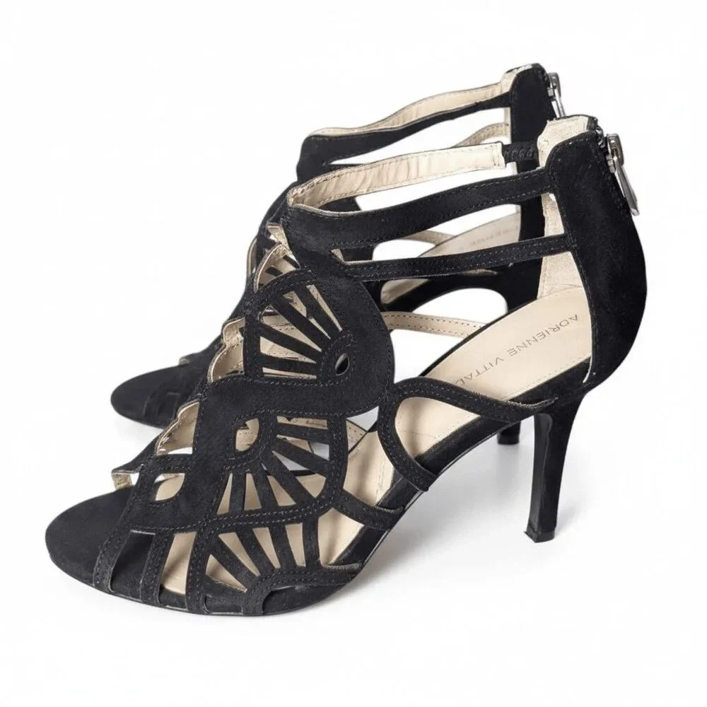 ADRIENNE VITTADINI Gala Black Suede Strappy Heeled Sandal Size 9